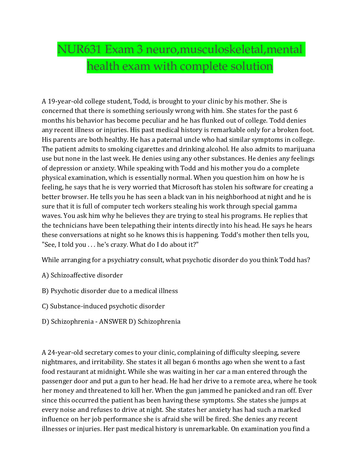 Preview image for NUR631 Exam 3 neuro,musculoskeletal,mental  health exam with complete solution